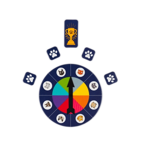 Okrągła tarcza losująca z czarną strzałką otoczona niebieskimi żetonami z białymi łapkami oraz żetonem ze złotym pucharem.