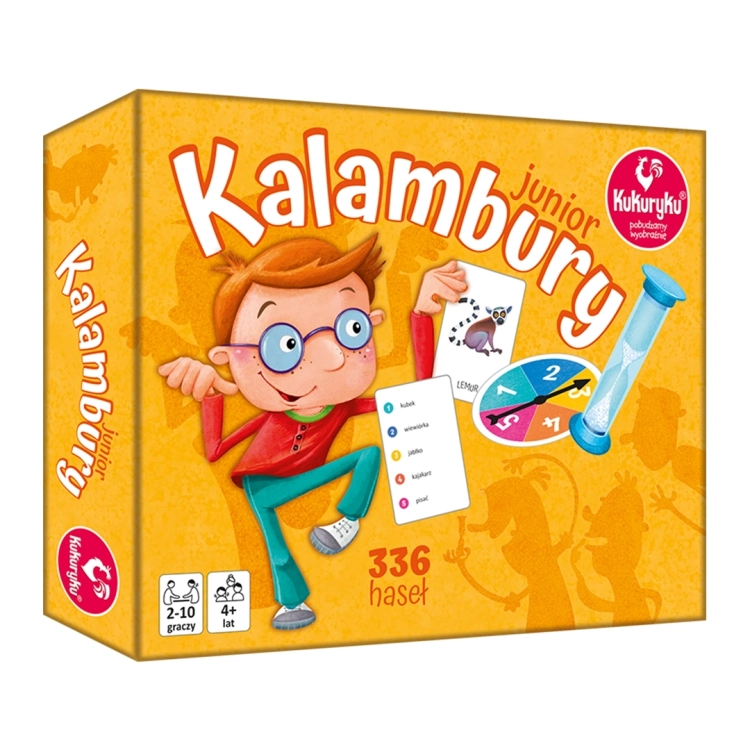 Żółte opakowanie gry "Kalambury Junior" marki Kukuryku z postacią chłopca w okularach, informacją o 336 hasłach i wieku 4+.