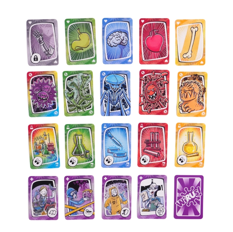 Zestaw 20 unikalnych kart z gry, w tym ilustracje organów, zmutowanych wirusów, laboratoriów i naukowców w kombinezonach.