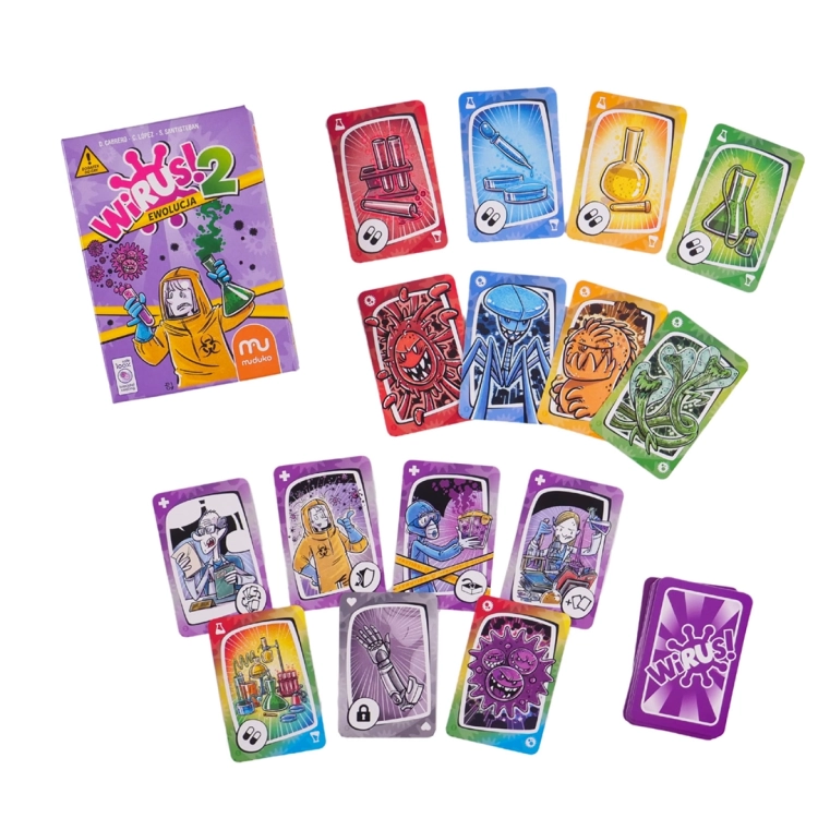 Zestawienie pudełka dodatku z wybranymi kartami akcji, wirusów i organów, prezentujące dynamiczne i kolorowe ilustracje.