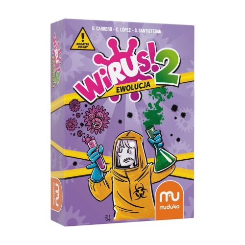 Pionowe ujęcie pudełka dodatku „Wirus 2 Ewolucja” z postacią naukowca w żółtym kombinezonie z symbolem zagrożenia biologicznego.