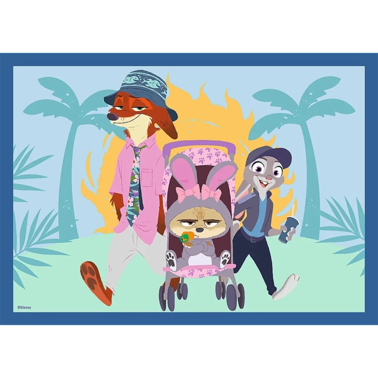 Kolorowa układanka przedstawiająca Judy i Nicka spacerujących z wózkiem dziecięcym w tropikalnym otoczeniu palm.