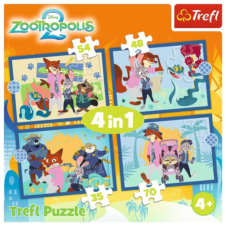 Front opakowania puzzli Trefl "Zootropolis 2" z informacją o czterech układankach w środku: 35, 48, 54 i 70 elementów.