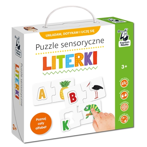 Białe pudełko „Puzzle sensoryczne LITERKI” marki Kapitan Nauka z kolorową grafiką i informacją o poznawaniu całego alfabetu; wiek 3+.