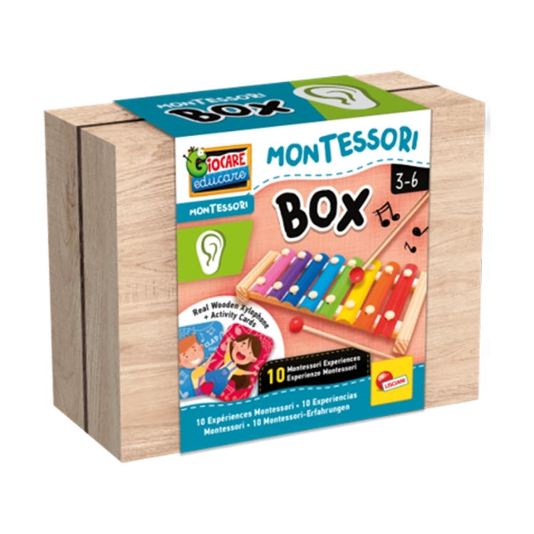 Drewniane pudełko Montessori Box Słuch marki Lisciani z grafiką kolorowych cymbałków i kartami aktywności; zestaw edukacyjny dla dzieci w wieku 3-6 lat.