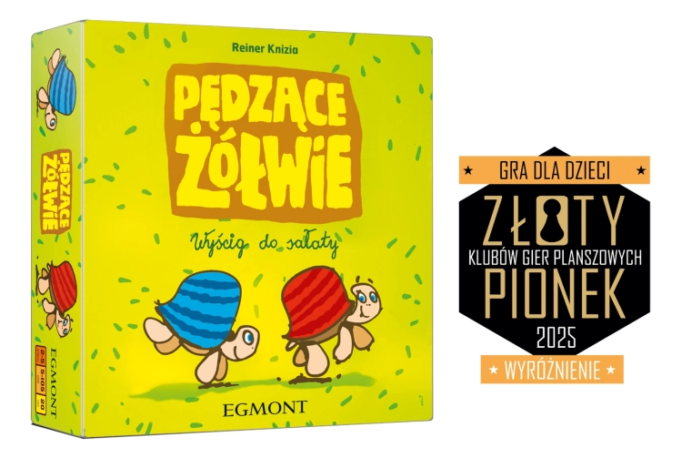 Zielone pudełko gry planszowej Pędzące Żółwie wydawnictwa Egmont z wyróżnieniem Złoty Pionek 2025; wesołe żółwie na okładce.