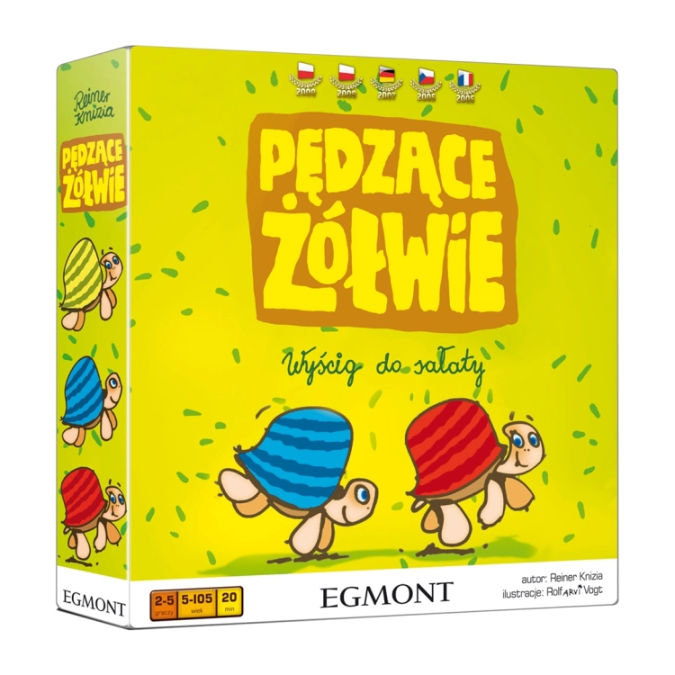 Przednia strona pudełka gry Pędzące Żółwie: Wyścig do sałaty, autorstwa Reinera Knizia, z flagami krajów, w których zdobyła nagrody.
