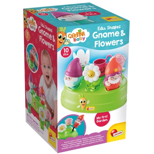 Kolorowe opakowanie zabawki edukacyjnej Carotina Baby "Gnome & Flowers" marki Lisciani dla dzieci od 10. miesiąca życia.