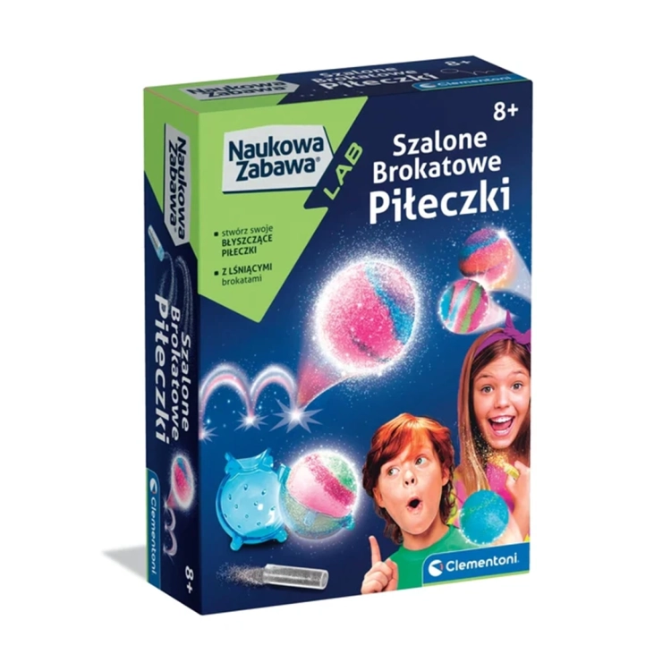 Opakowanie zestawu kreatywnego „Szalone Brokatowe Piłeczki” marki Clementoni z serii Naukowa Zabawa, przedstawiające uśmiechnięte dzieci i kolorowe, lśniące piłeczki.