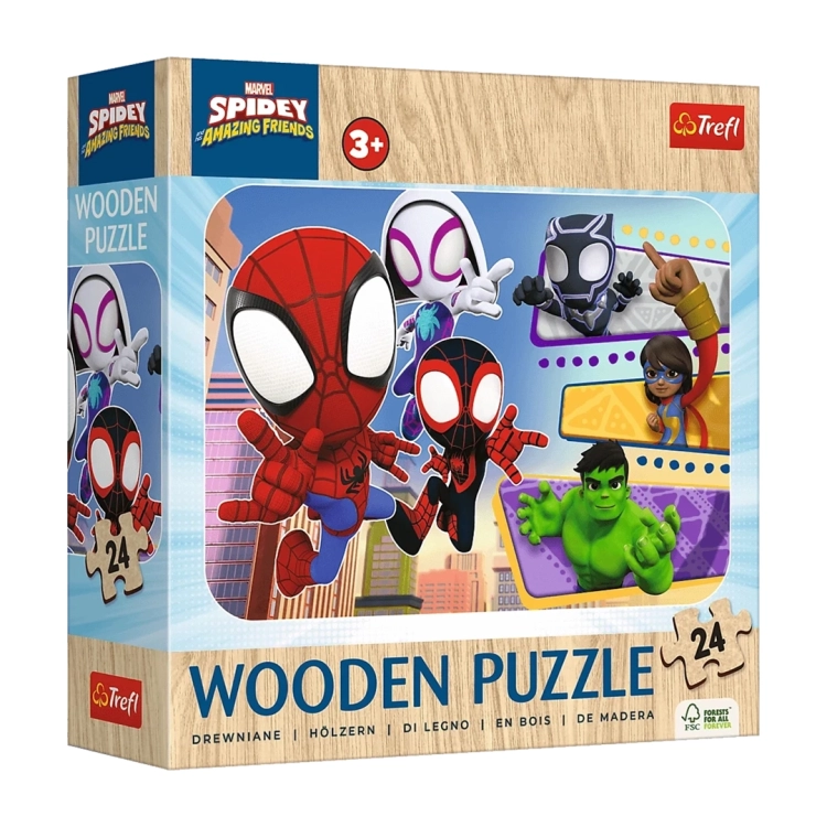 Pudełko drewnianych puzzli Trefl z bohaterami serialu "Spidey i super-kumple": Spidermanem, Ghost-Spider, Spinem, Hulkem, Czarną Panterą i Ms. Marvel.