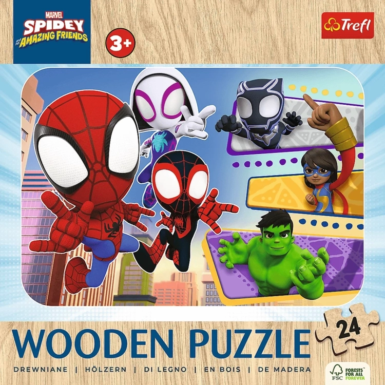 Frontowa grafika opakowania Wooden Puzzle Trefl z informacją o 24 elementach, oznaczeniem wieku 3+ oraz certyfikatem FSC.