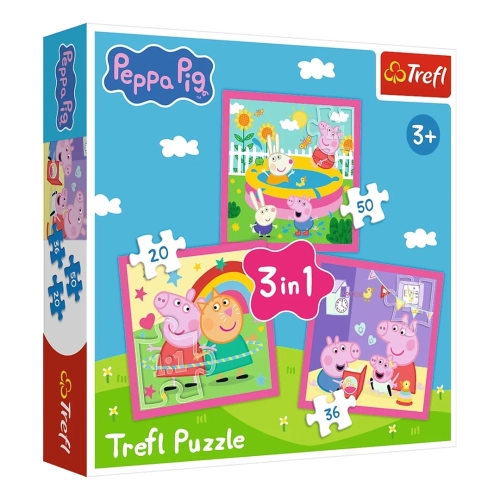 Pudełko puzzli Trefl 3w1 ze Świnką Peppą. Widoczne trzy obrazki o różnym stopniu trudności: 20, 36 i 50 elementów.