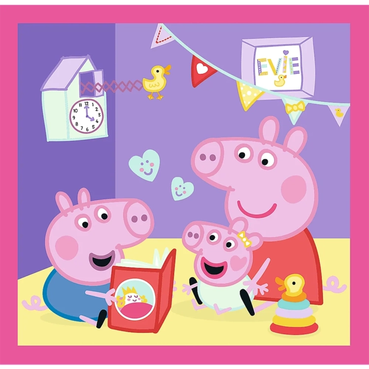 Puzzle pokazujące rodzinę Świnki Peppy w pokoju: George czyta książkę, a Mama Świnka opiekuje się małą Peppą.