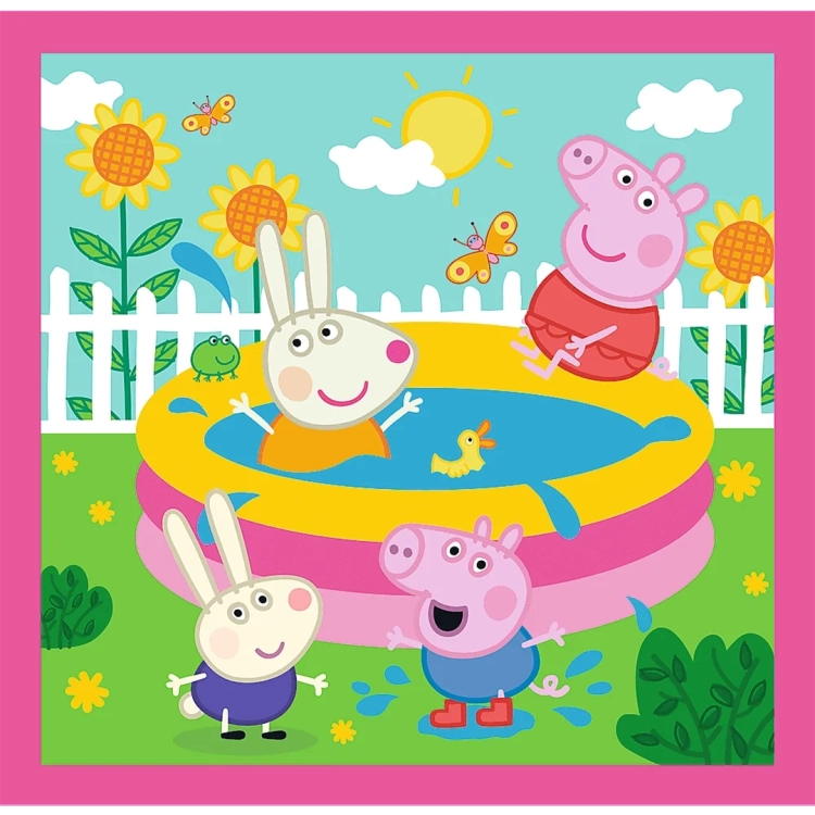 Ilustracja z puzzli: Świnka Peppa, George i owieczka Suzy bawią się w żółtym basenie ogrodowym w słoneczny dzień.