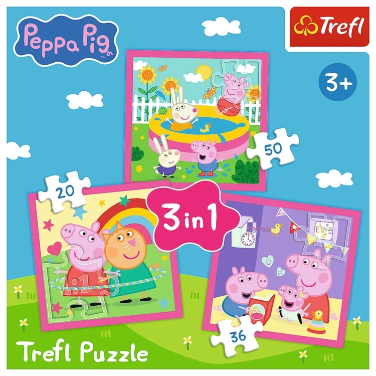 Przód opakowania puzzli Trefl 3w1 Świnka Peppa i przyjaciele, prezentujący wszystkie trzy wzory układanek w zestawie.