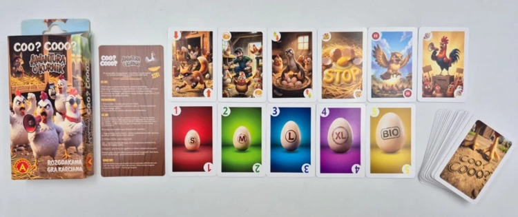 Przegląd wszystkich elementów gry: pudełko, karta z zasadami oraz dwa rzędy kart prezentujące pełną gamę ilustracji, w tym jajka, lisy i gospodarza.