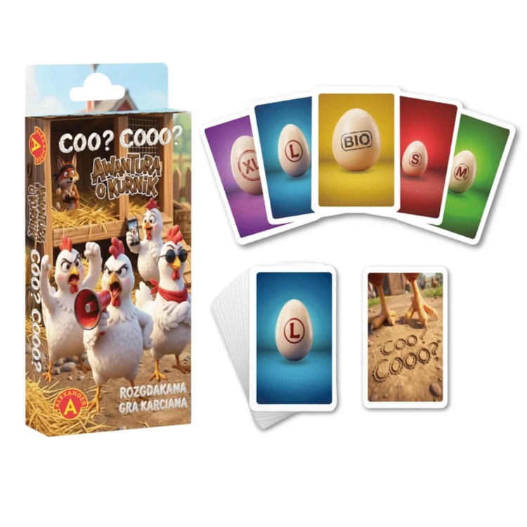 Grafika produktowa prezentująca pudełko gry, wachlarz pięciu kolorowych kart z jajkami oraz dwa stosy kart widoczne od przodu i tyłu.