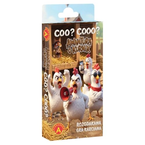 Pionowe ujęcie pudełka gry karcianej „Coo? Cooo? Awantura o kurnik”. Na opakowaniu widać zabawne, zdenerwowane kury przed kurnikiem.