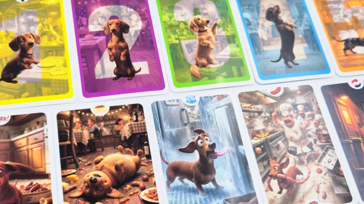 Zbliżenie na detale kart do gry. Widoczne kolorowe tła z dużymi cyframi oraz dynamiczne ilustracje psów, w tym jamnika w lodówce i psa śpiącego po jedzeniu.