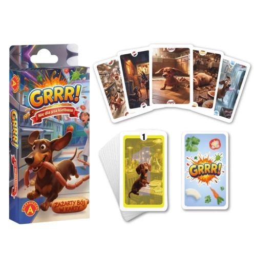 Grafika produktowa pokazująca pudełko gry, wachlarz pięciu kart z ilustracjami oraz dwa stosy kart widoczne od frontu i tyłu na białym tle.