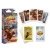 Grafika produktowa pokazująca pudełko gry, wachlarz pięciu kart z ilustracjami oraz dwa stosy kart widoczne od frontu i tyłu na białym tle.