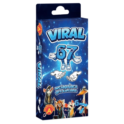 Pionowe pudełko gry „Viral 67” na ciemnoniebieskim tle z motywem kosmosu. Na opakowaniu widać antropomorficzną cyfrę 67 oraz zabawne zwierzęta: mysz, lisa i bociana.