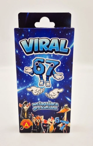Przód opakowania gry „Viral 67” Alexander. Na środku widnieje postać ułożona z niebieskich klocków w kształcie liczby 67, a u dołu kolorowe postacie zwierząt w okularach.