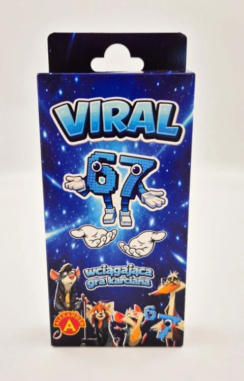 Przód opakowania gry „Viral 67” Alexander. Na środku widnieje postać ułożona z niebieskich klocków w kształcie liczby 67, a u dołu kolorowe postacie zwierząt w okularach.