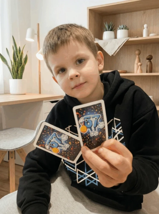 Chłopiec w czarnej bluzie trzyma w dłoniach dwie karty do gry tyłem do obiektywu. Na rewersach kart widoczna jest grafika z logo gry „Viral 67” na tle rozgwieżdżonego nieba.