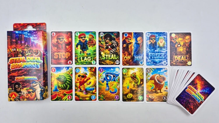 Zestaw elementów gry: pudełko, dwa rzędy kart prezentujące postacie i akcje (STOP, LAG, STEAL, DEAL) oraz stos kart odwrócony rewersem.