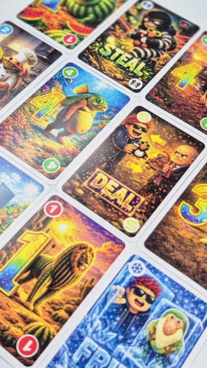 Zbliżenie na detale kart do gry. Widoczne są różnorodne, kolorowe grafiki, takie jak lew-kaktus, ryba z nogami oraz karty akcji „DEAL” i „STEAL”.