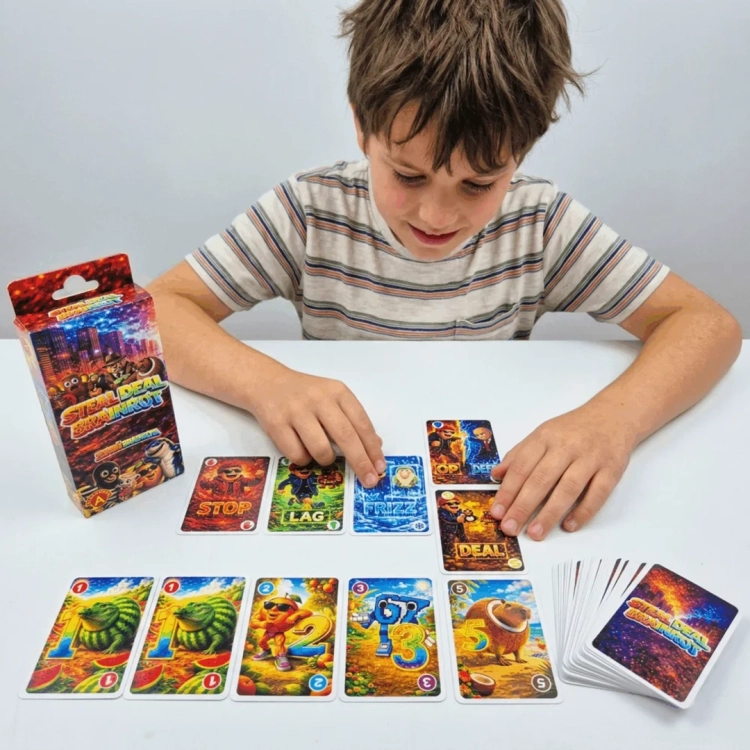 Chłopiec siedzi przy stole i gra w „Steal Deal Brainrot”. Przed nim rozłożone są rzędy kolorowych kart z zabawnymi postaciami oraz pudełko i stos kart.