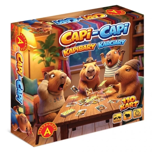Wizualizacja 3D pudełka gry „Capi-Capi Kapibary Karciary”. Kolorowa grafika przedstawia uśmiechnięte kapibary w czapkach i swetrach podczas wspólnej rozgrywki.