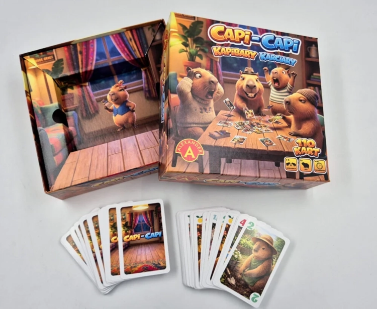 Pudełko gry obok otwartego wieczka, przed którym leżą dwa rozłożone stosy kart. Na kartach widoczne są kapibary w różnych przebraniach i sytuacjach.
