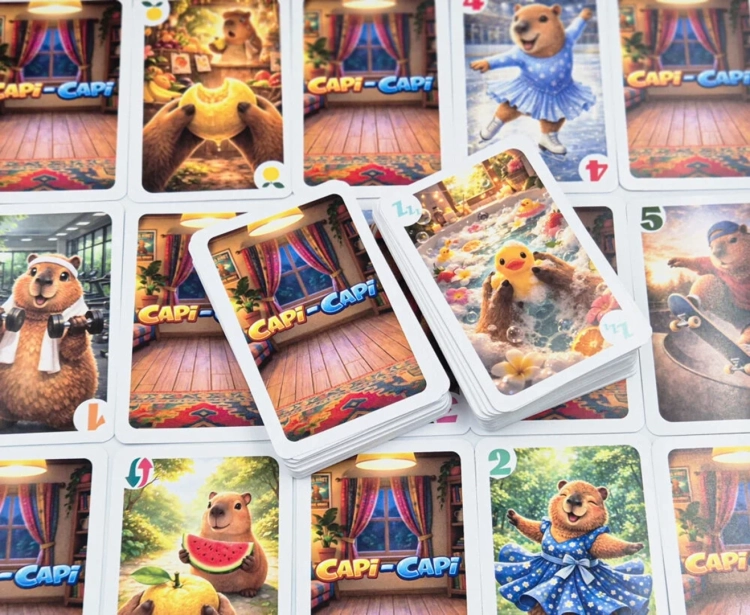 Zbliżenie na kolorowe karty do gry. Ilustracje przedstawiają kapibary m.in. na siłowni, na łyżwach, w wannie z gumową kaczuszką oraz jedzące owoce.