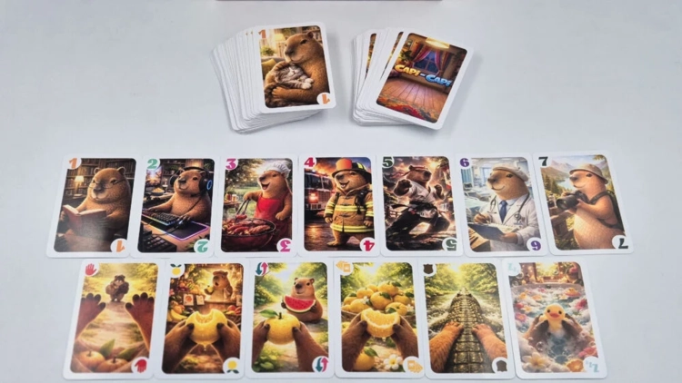 Przegląd kart z gry ułożonych w rzędach. Widoczne postacie kapibar jako kucharza, strażaka, lekarza czy fotografa, każda karta opatrzona jest numerem i symbolem.