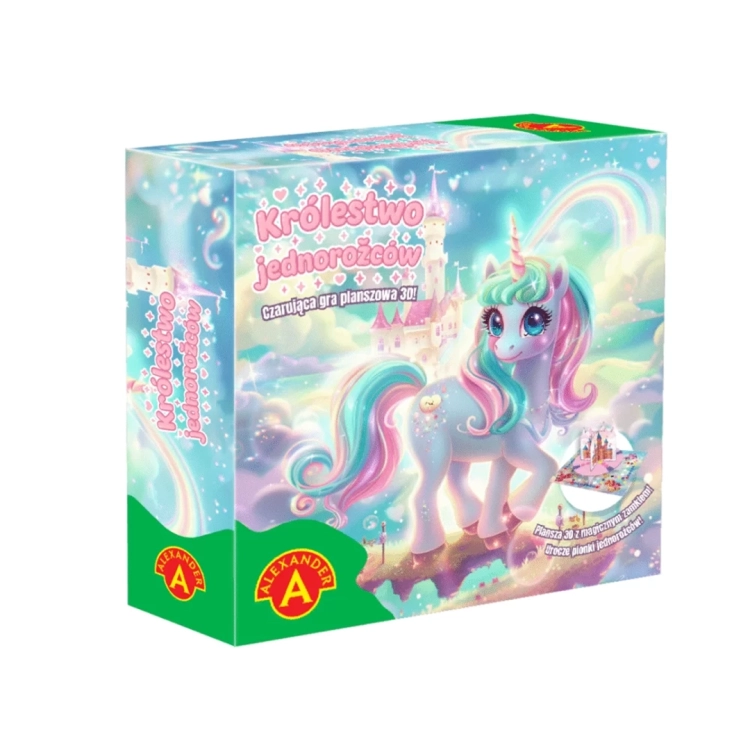 Opakowanie gry „Królestwo Jednorożców” Alexander. Na pudełku widnieje duży błękitny jednorożec z tęczową grzywą na tle magicznego zamku.