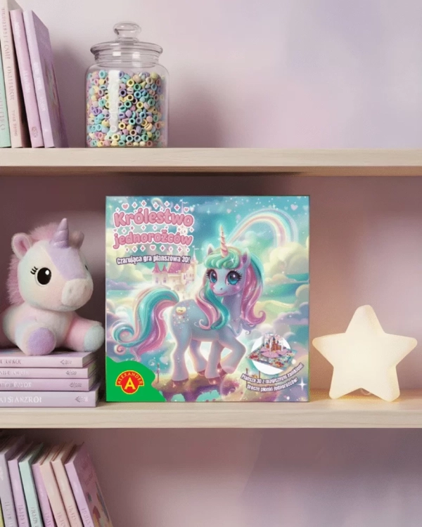 Pudełko gry ustawione na drewnianej półce w dziecięcym pokoju, obok książek, pluszaka i lampki w kształcie gwiazdy.