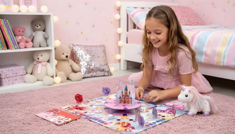 Dziewczynka siedzi na różowym dywanie i z uśmiechem gra w „Królestwo Jednorożców”. Obok niej leży pluszowy jednorożec.