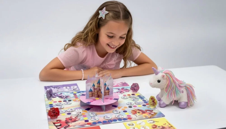 Uśmiechnięta dziewczynka pochylona nad rozłożoną grą planszową. Na stole obok planszy stoi biały pluszowy jednorożec.
