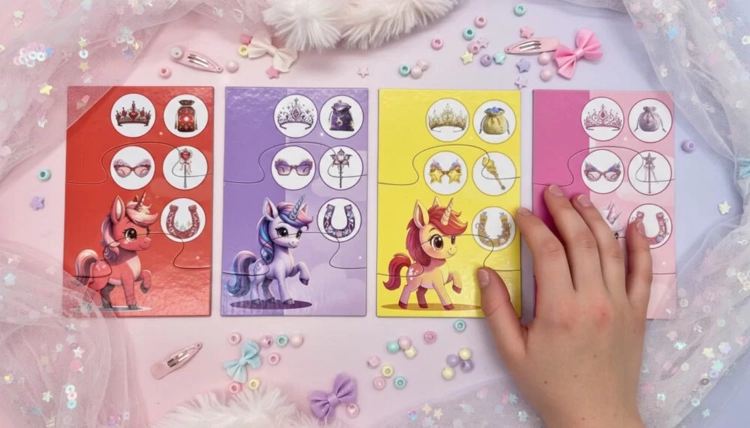 Cztery kolorowe planszetki z jednorożcami i akcesoriami do zbierania. Obok widoczna ręka dziecka oraz ozdobne koraliki i spinki.