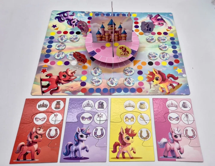 Widok z góry na rozłożoną grę: kolorowa plansza z trasą, trójwymiarowy zamek na środku oraz cztery planszetki graczy u dołu.