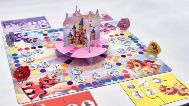 Perspektywiczne ujęcie planszy 3D. Na środku stoi różowy zamek, wokół którego rozmieszczone są żetony i kolorowe pionki jednorożców.