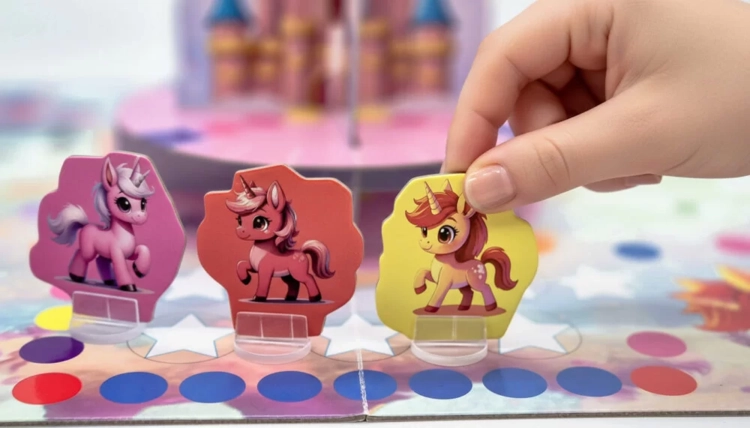 Zbliżenie na dłoń dziecka stawiającą żółty pionek z jednorożcem na trasie planszy. Obok stoją pionki w kolorze różowym i czerwonym.