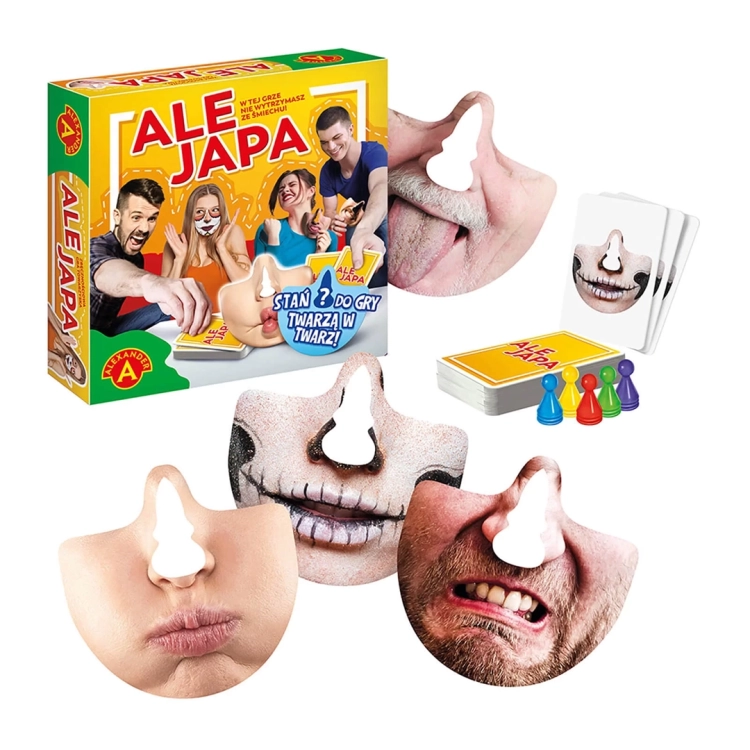 Grafika prezentująca zawartość gry „Ale Japa”: pudełko, talię kart, kolorowe pionki oraz cztery przykładowe maski przedstawiające zabawne miny, które gracze nakładają na nos.