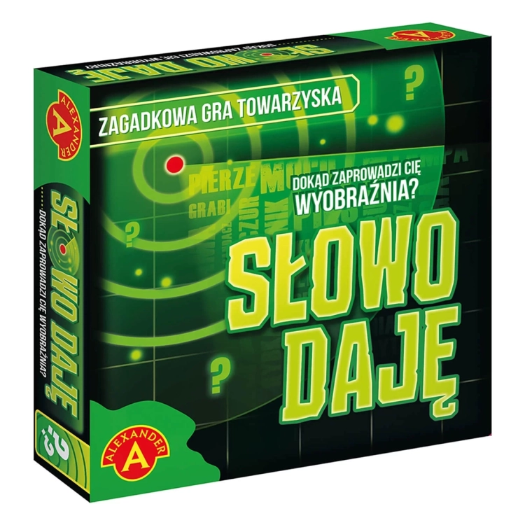 Zielone pudełko gry planszowej „Słowo Daję” firmy Alexander z grafiką radaru. Napisy: „Zagadkowa gra towarzyska” oraz „Dokąd zaprowadzi Cię wyobraźnia?”.