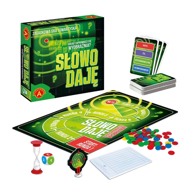 Rozłożone elementy gry „Słowo Daję”: plansza z rundami, karty z hasłami, kolorowe żetony, klepsydra, kostka z numerami, notes i pionek na podstawce obok pudełka.
