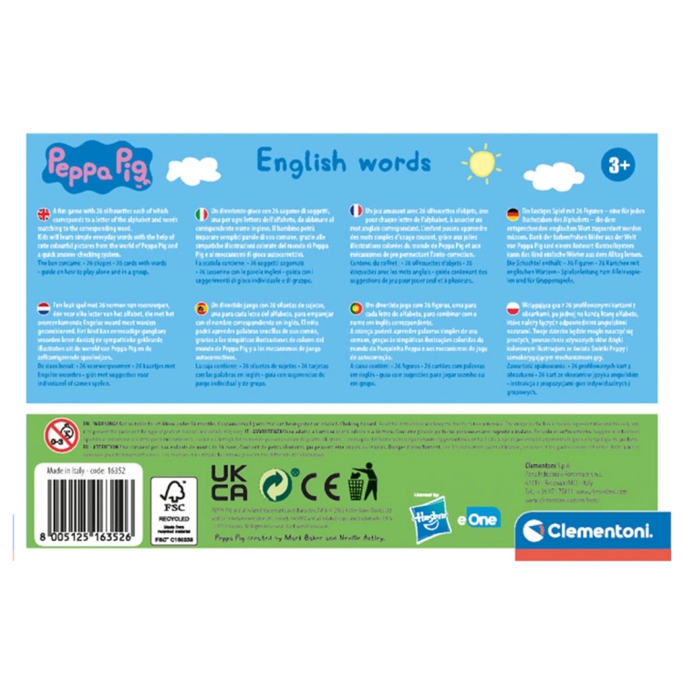 Tył opakowania gry edukacyjnej Peppa Pig English Words z opisami w kilku językach.