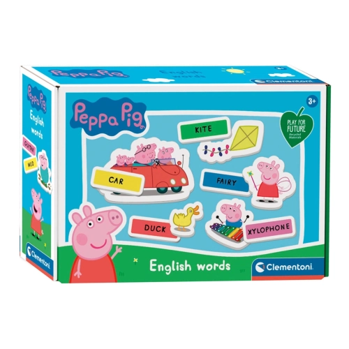 Front opakowania gry Clementoni Peppa Pig English Words przedstawiający przykładowe karty do nauki.