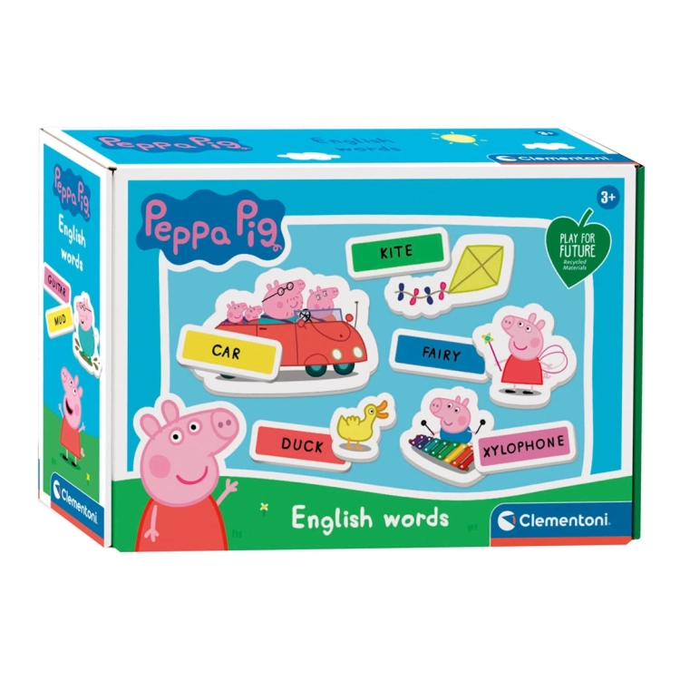 Front opakowania gry Clementoni Peppa Pig English Words przedstawiający przykładowe karty do nauki.